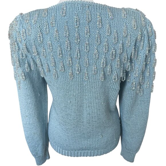 80s VTG Nannell Beaded Puff Sleeve Sweater Size Medium Crystals Icicles Winter - Picture 3 of 10